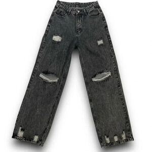 Women’s Wide Leg High Waisted  Jeana Distressed Dark Grey Acid Wash Jeans Sz Med